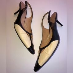 These Are A Pair Of Sexy Vintage Casadei Kitten Heel Sling Backs In Cream Leather And Black Patent Leather. Gently Used, Barely Worn. These Have Been Stored In Plastic Shoe Container. Unfortunately I Do Not Have Original Box Anymore. One Shoe Has A Small Scuff In Tip Of Shoe. One Heel Cap Is Slightly Worn And Will Need Replacement. Comes From A Smoke-Free & Pet-Free Home. Please Feel Free To Ask Any Questions! Thank You For Checking Out My Closet. Beige Slingback Pumps For Formal Occasions, Beige Fitted Slingback Pumps For Formal Occasions, Fitted Beige Slingback Pumps For Formal Occasions, Fitted Cream Slingback Pumps For Formal Occasions, Cream Fitted Slingback Pumps, Fitted Cream Slingback Pumps, Luxury Cream Slingback Pumps For Party, Designer Beige Slingback Pumps For Formal Occasions, Cream Kitten