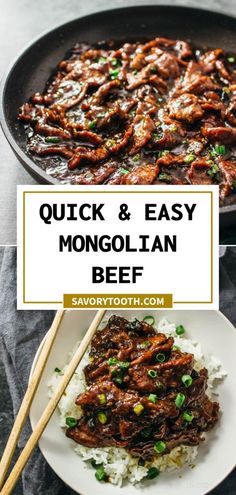 quick and easy beef recipe for the slow cooker with text overlay that reads quick and easy monoplian beef