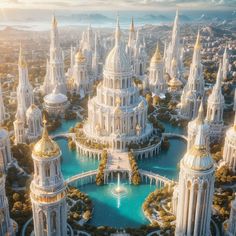 an aerial view of a city with many spires