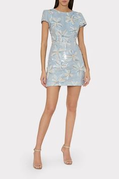 Rowen Floral Embroidery Mesh Sequin Dress in Periwinkle Multi | MILLY Mesh Sequin Dress, 2025 Style, Maxi Dress Cocktail, Denim Coat Jacket, Denim Coat, Sweater And Shorts, Sequin Dress, Floral Embroidery, Wedding Guest Dress