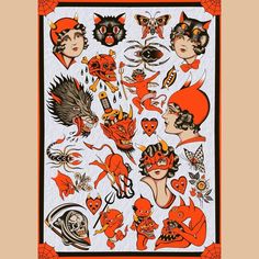 an image of some tattoos on a white and orange sheet with black trimmings