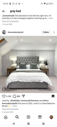 an instagramted photo of a bed in a bedroom with white walls and carpet