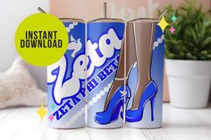 two blue and white soda cans with high heeled shoes on them, next to a potted plant