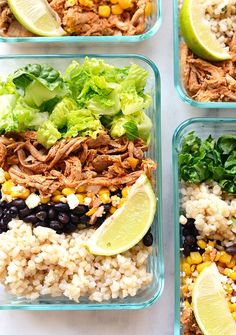 four plastic containers filled with food and garnished with limes, cilantro, black beans, corn