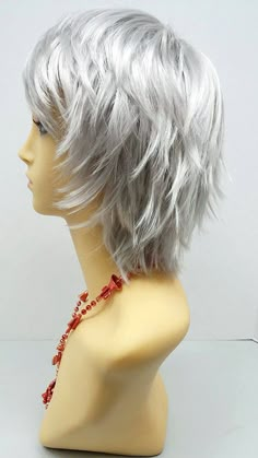 Short Layered Wind Blown Shag Style Silver Cosplay Wig. Anime | Etsy Wigs Silver, Silver Costume, 60 Hairstyles, Costumes Wigs, Wig Costume, Wigs Cosplay, Short Shag Hairstyles, Silver Highlights, Animal Costumes