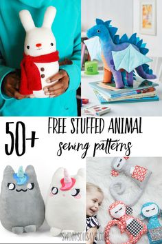 some stuffed animals are shown with text overlay that reads 50 + free stuffed animal sewing patterns