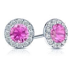 Halo set earrings with a total carat weight of 1.20 ct. pink sapphire center stone surrounded by small 0.80 ct. total weight round-cut diamonds as side stone make a stylish statement in beauty. This 18k white gold gemstone earrings has a total weight of 2.00 ct. sparkling pink sapphire and round-cut diamonds, available with push-back, screw back or lever back clasps. Simulated Diamond Rings Engagement, Black Diamond Pendant, Sapphire Stud Earrings, Black Diamond Studs, Halo Diamond Earrings, Solitaire Diamond Pendant, Colored Diamond Rings, Sapphire Earrings Studs, Sapphire Studs