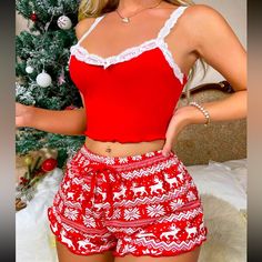 Shein Christmas Pjs Short Set Rib Knit Top Knitted Fabric Bottom Colors- Red Abs White Size- S New Never Worn Cute Pj Outfits, Pj Outfit, Womens Pjs, Cute Sleepwear, Cute Pajama Sets, Swimsuits Outfits, Rib Knit Top, Pajamas Comfy, Lace Cami Top