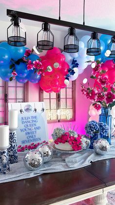 #dancingqueen #seventeen #17th #birthday #birthdaydecor #abba #disco #greece #santorini #balloons #balloondecoration #pink #blue #hydrangea #flowers #birthdaydinner #cake #cakedecoratingdesigns #letsparty Mama Mia Dancing Queen Birthday, Disco Mamma Mia Party, Mamma Mia Balloon Arch, Mama Mia Dance, Mamma Mia Prom, Abba Party Decorations