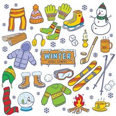 winter doodle elements with snowman, mittens, gloves, boots and other items