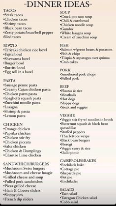 an image of dinner menus with the names and ingredients for each meal on it