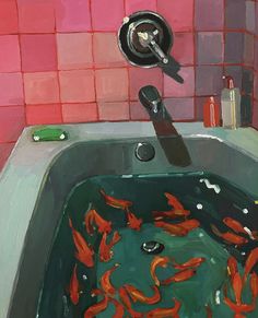 a painting of goldfish in a bathtub with red tiles on the wall behind it