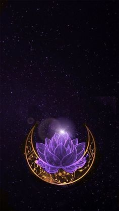 a purple flower sitting on top of a moon in the night sky with stars around it