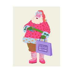 a painting of a santa clause holding a purple shopping bag and wearing pink boots, standing in front of a white background