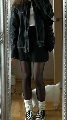 Leather Jacket Black Skirt Outfit, Black Skirt Black Jacket Outfit, Thrifted Leather Jacket Outfit, Black Jacket And Skirt Outfit, Black Corset Outfit Concert, Black Leather Jacket With Skirt, Leather Jacket With A Dress, Mini Skirt Jacket Outfit, Denim Jacket Outfit Ideas Women