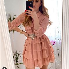 Polyester Feminine Polka Dot Mini Dress, Chic Pink Tiered Dress, Feminine Pink Zara Dress, Feminine Long Sleeve Zara Dress, Chic Pink Zara Dress, Feminine Zara Dresses For Casual Wear, Feminine Zara Dresses For Casual Occasions, Feminine Casual Dresses By Zara, Feminine Long Sleeve Dresses By Zara