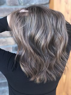 Dark Hair With Highlights To Blend Grey, Gray Highlights Light Brown Hair, Silver Brown Hair Color, Grey Hair Brown Lowlights, Mushroom Grey Hair, Hiding Grey Hair, Dark Brown And Grey Hair, Hair Color To Hide Grey Hair Dark Brown, Greying Hair Highlights Blending