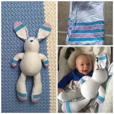 two pictures of a baby laying in a car seat with stuffed animals and blankets around them