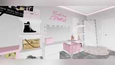 a room with white walls and pink accents on the wall, along with various accessories