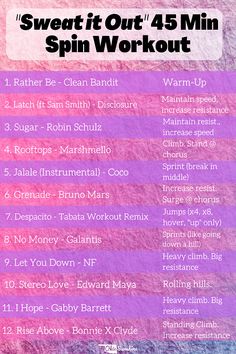 the sweat it out 45 min spin workout is shown in pink and purple colors with text overlay