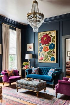 a living room filled with furniture and a chandelier