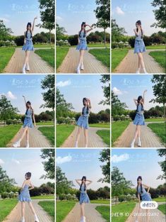 a collage of photos showing a woman in denim dress and white shoes posing for the camera