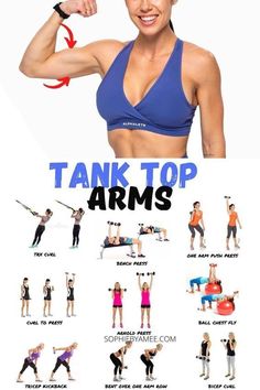 a woman in a blue top is doing exercises for her arms and chest with the caption tank top arms