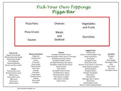 the pick your own toppings pizza bar is shown in red and green, along with other ingredients