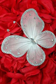 a white butterfly sitting on top of a red flower covered in water droplets and beads