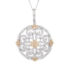 18kt Two Tone Floral Circle Diamond Pendant Exquisite Diamond Necklace With Intricate Design, Fine Jewelry Diamond Necklace With Intricate Design, Round Diamond Necklace With Intricate Design, Exquisite White Diamond Round Necklace, Exquisite White Diamond Necklace, White Hallmarked Round Diamond Necklace, Hallmarked White Round Diamond Necklace, White Round Hallmarked Diamond Necklace, Diamond Chokers