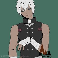 an anime character with white hair and black clothes, holding his hands on his chest