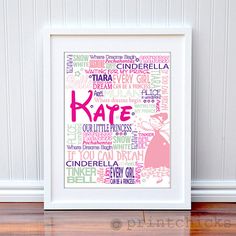 a framed poster with the word kate written in different languages on it's white frame