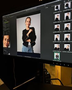 a computer screen with multiple images of people on it and one woman standing in front of the monitor