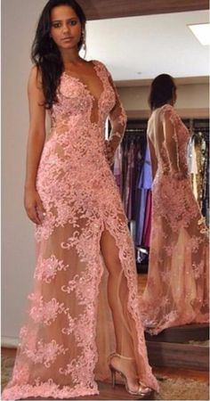 Long Illusion Lace Evening Dresses Side High Split Pink Lace Prom Dress, Dresses With Split, Lace Evening Gowns, Prom Dresses 2017, Lace Prom Dress, Lace Evening Dresses, Prom Dresses Lace, Evening Party Dress, Prom Gown