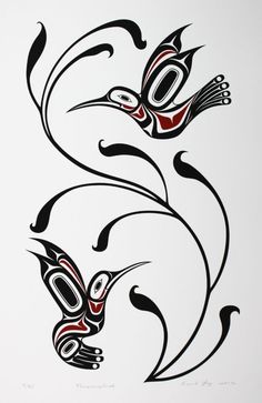 a drawing of two birds with swirls and lines on it's back side