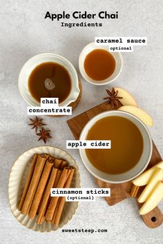 an apple cider chai recipe with cinnamon sticks, apples and cloves