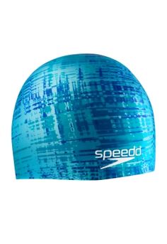 a blue hat with the word speed written in white on it and an abstract pattern