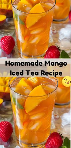 homemade mango iced tea recipe in glasses with strawberries and raspberries on the side