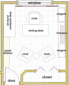 the floor plan for a bedroom with two separate areas and an office area in the middle