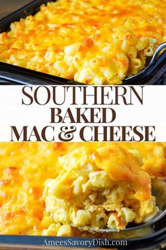 southern baked macaroni and cheese casserole with text overlay