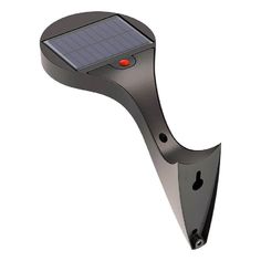 the solar powered light is attached to a metal pole with a red button on it