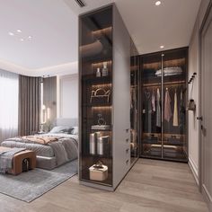 an open closet in the middle of a bedroom