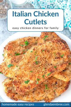 Italian Chicken Cutlets on a white plate. Barbecue Chicken Cutlets, Allrecipes Crispy Caesar Chicken Cutlets, Chicken Parmesan Cutlets, Chicken Cutlet Recipes Easy Air Fryer, Air Fried Chicken Cutlets, Chicken Cutlets Dinner Ideas, Air Fryer Chicken Cutlets Recipe, Chicken Cutlet Recipes Air Fryer, Baked Chicken Cutlets Oven