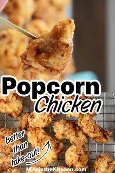 the cover of popcorn chicken is being held up by a person's hand over a rack with tater tots on it