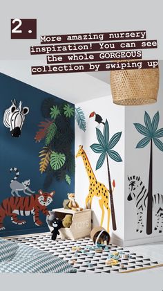 children's room decorated in blue, white and green with jungle animals on the wall