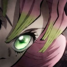 an anime character with green eyes and pink hair looking at the camera while staring into the distance