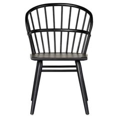 a black wooden chair with an armrest and seat pad on the back, against a white background