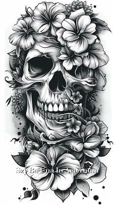 a skull with flowers on it's head is shown in this black and white tattoo design