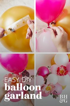 balloons are being put together to make an easy balloon garland for birthdays or baby showers