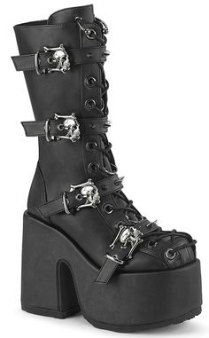 The CAMEL-115 boots will have ya lookin' like a fierce omen! Decked out with 4 spiked straps securing with custom skull buckles, these mid-calf boots secure with lace-ups, an inner zip and come with badass piercing charms. The Camel series features a 5-inch heel and a 3-inch platform. Material: 100% Vegan Leather US women's sizing-refer to size chart for more info. Demonia Boots, Goth Shoes, Gothic Boots, Demonia Shoes, Dr Shoes, Leather Knee Boots, Pleaser Shoes, Knee Boot, Black Vegan